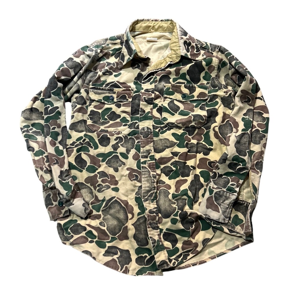 Vintage Duck Hunter Camo Cotton Canvas Button Down Shirt Mens Large Camouflage